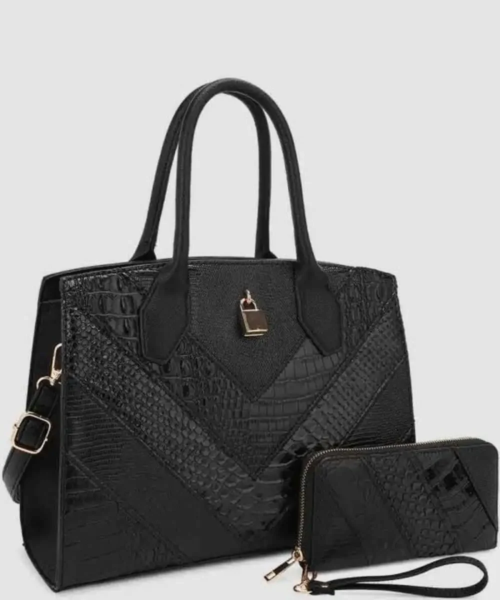 Black Crocodile Pattern Padlock Accent Satchel Wallet SET